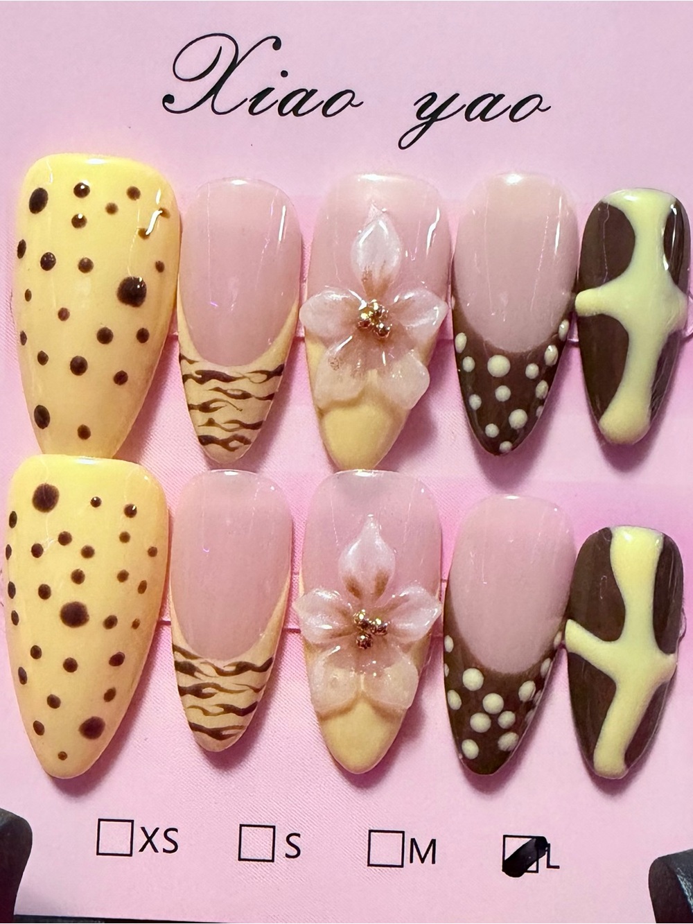 Press-On Nails Set in Pale Yellow, Pink & Brown